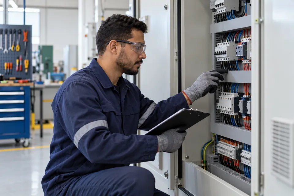 Eletricista avaliando painel em ambiente industrial — imagem ilustrativa